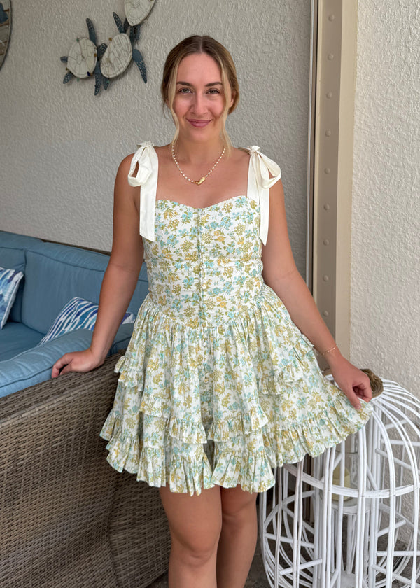 mini floral dress with bow straps & a corset bodice