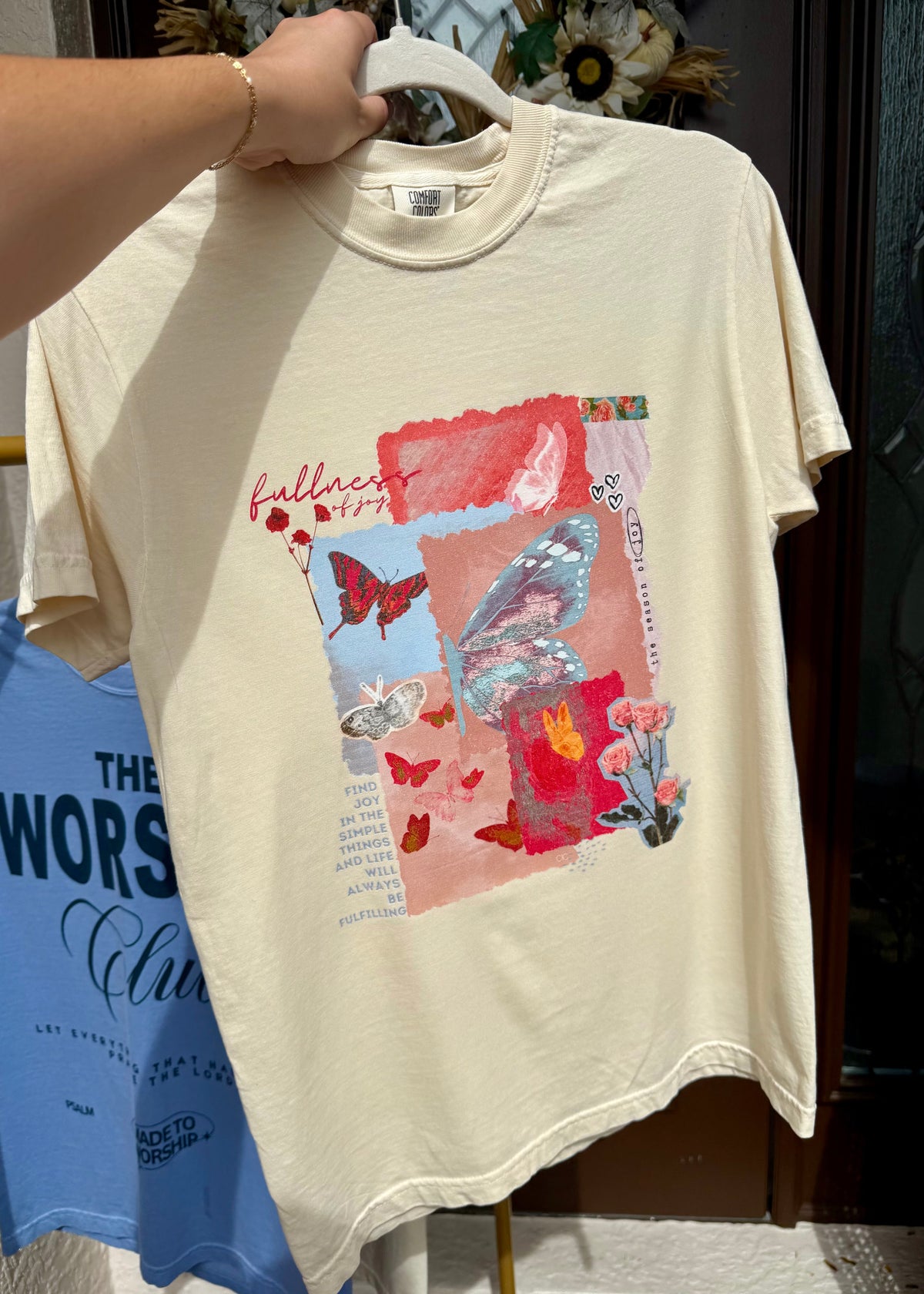 faith based tee shirt design with butterflies, fullness of joy t-shirt