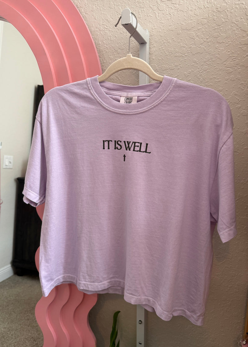 Light purple - lilac cropped comfort colors tee with "It Is Well" written on it. purple faith based tee.