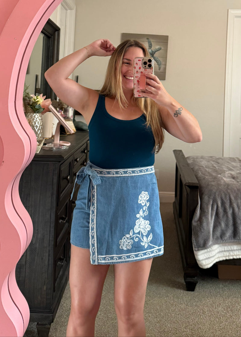 Embroidered Denim Skort