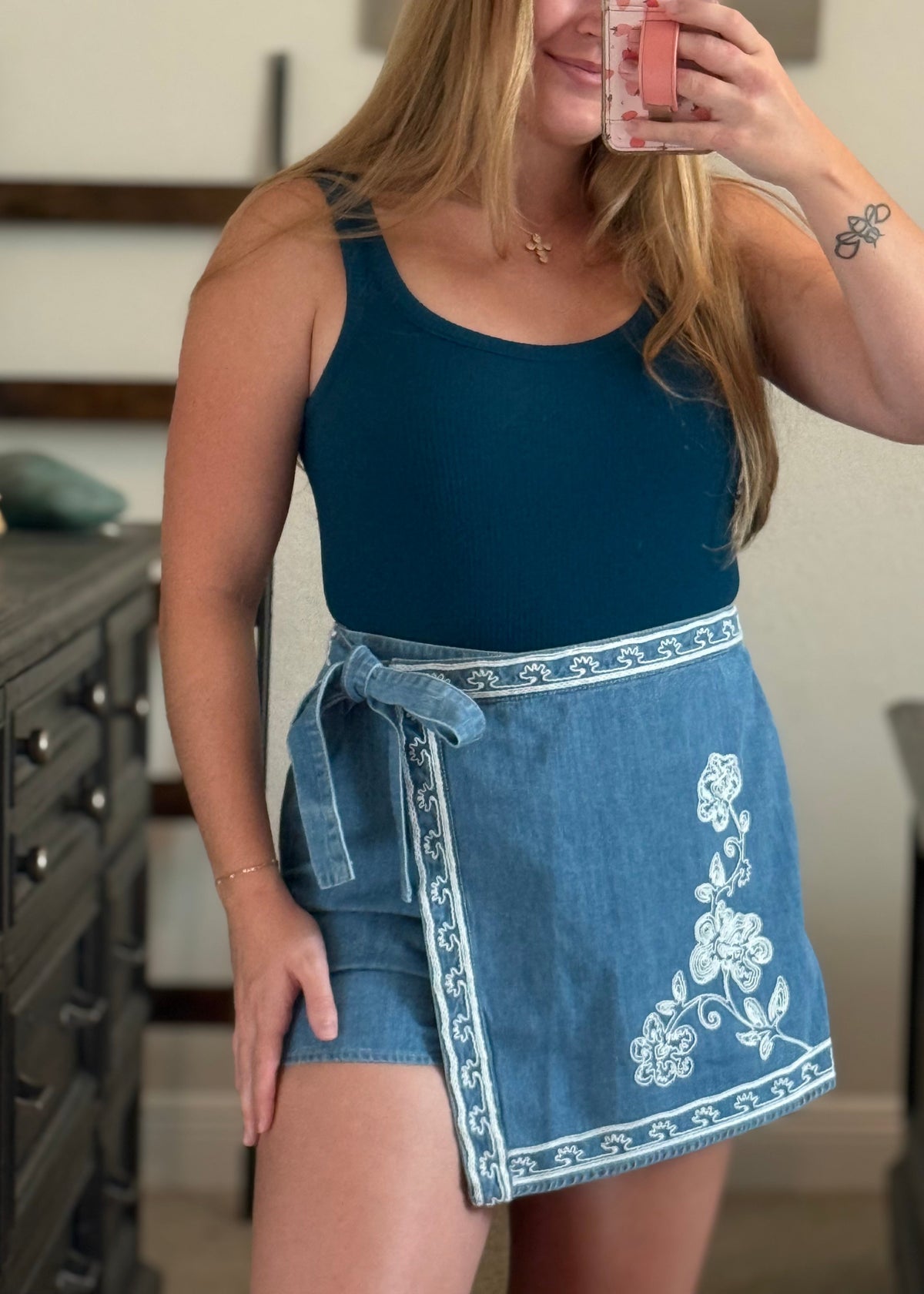 Embroidered Denim Skort