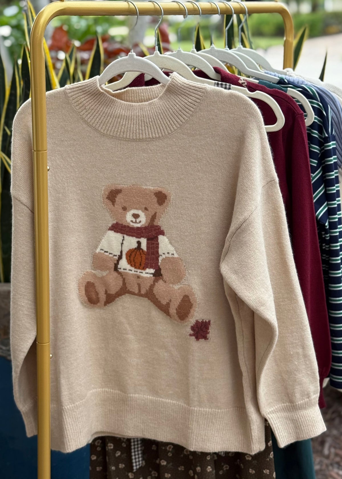 fall bear sweater, sweater with a bear wearing a pumpkin sweater