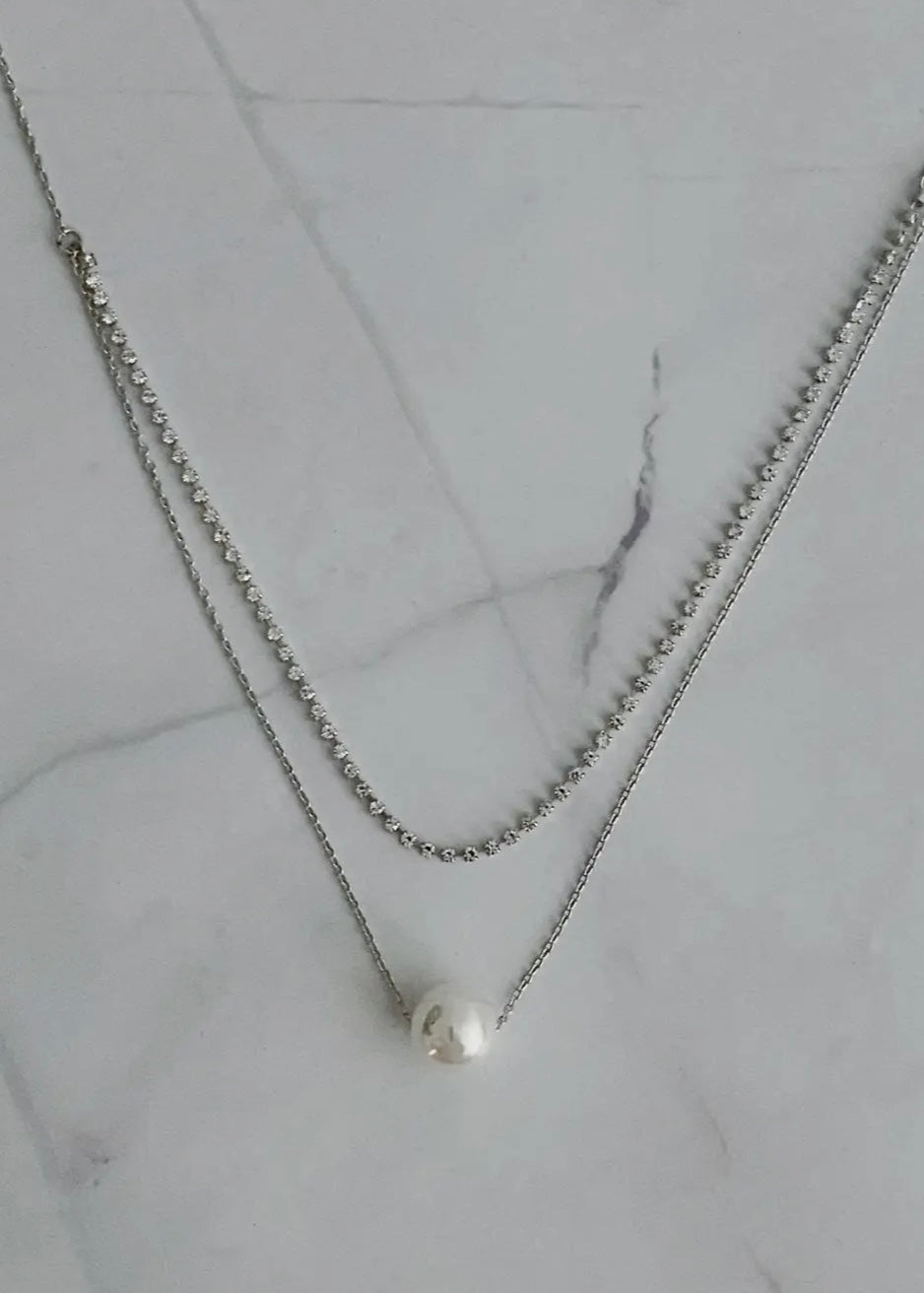 Layered Pearl Silver Necklace