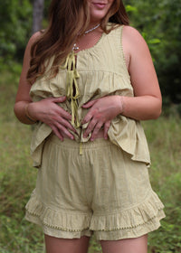 soft green tiered short set, boho set, ruffle shorts, ruffle fall outfit set